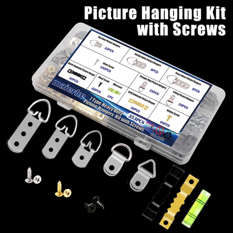maierke 353PCS Picture Hanging Kit,Picture Hangers Heavy Duty Picture Hanging Hooks with Screws,Picture Frame Hooks Heavy Duty Picture Framing Supplies Kit for Picture Hanging(7 Types) - Image 5